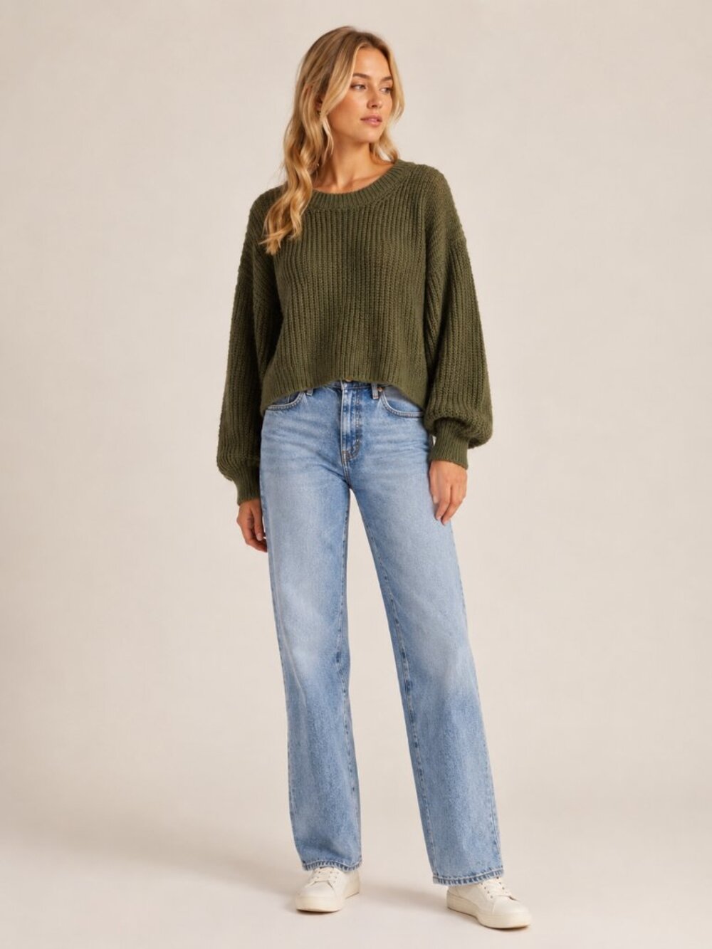 Don't Ask Why Cropped Crew Neck Pullover Sweater Olive Green One Size #A3205